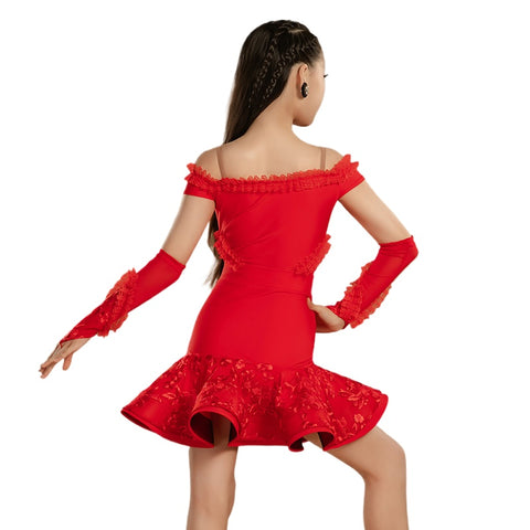 Girls Latin Dance Dresses Red Rose Lace Dew Shoulder Salsa Rumba Chacha Performance Costumes for Kids