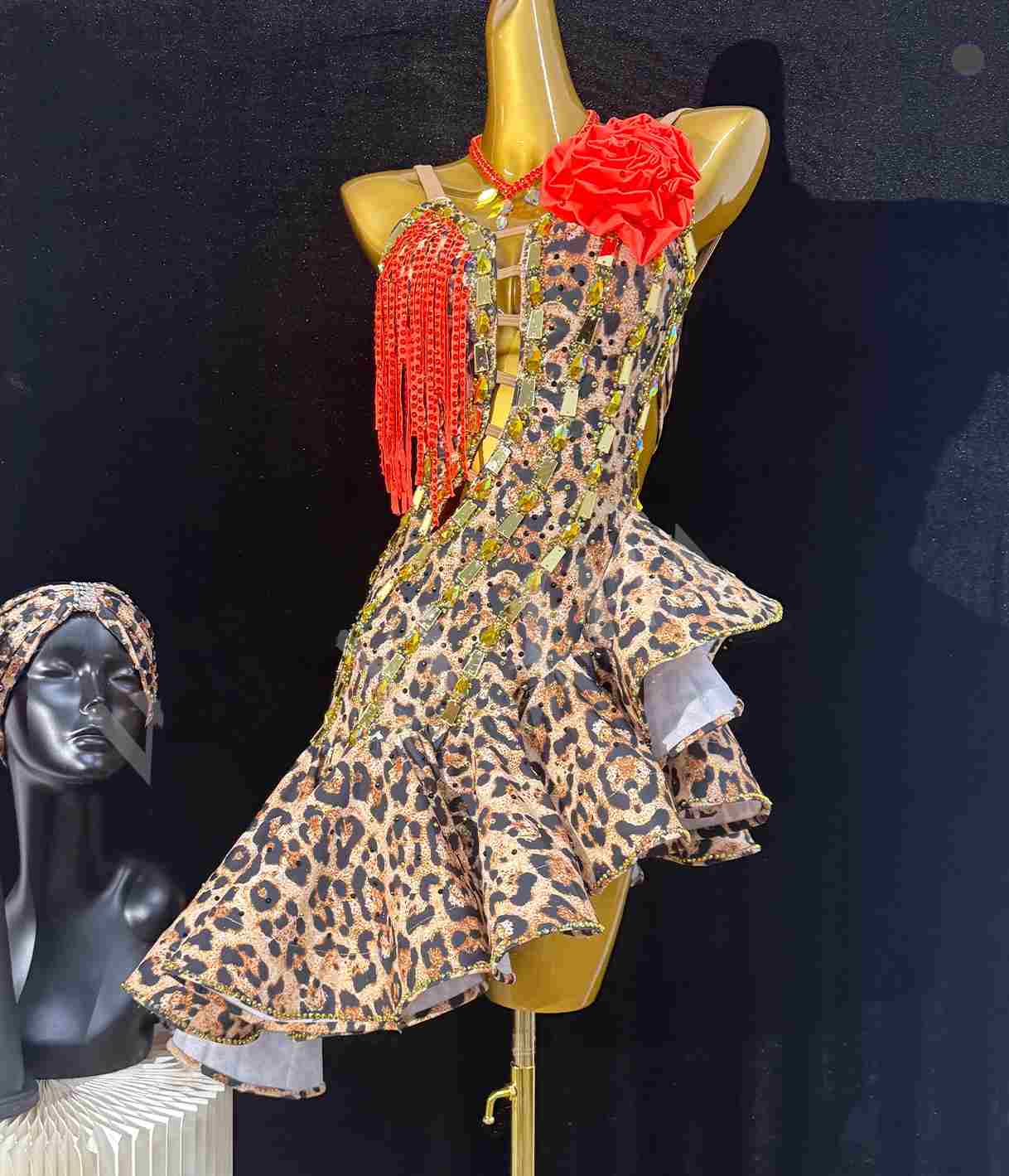 Custom Size Women's Leopard Latin Dance Dress Salsa Chacha Dance Inclined Skirts