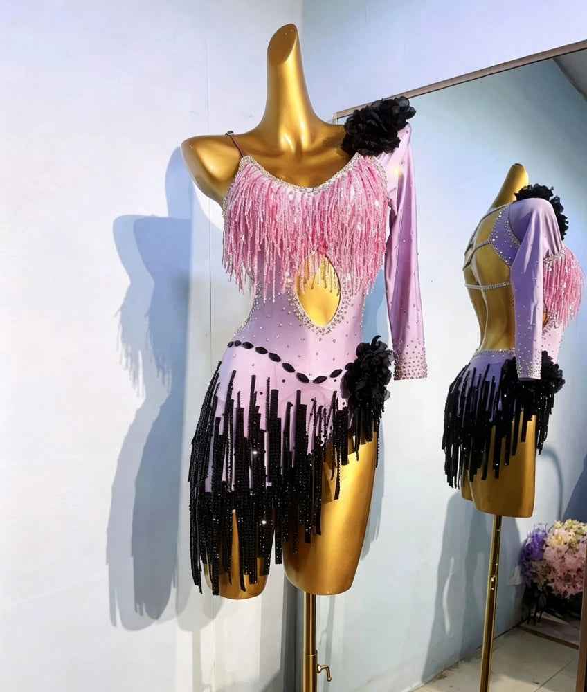 Custom Size Competition Rhinestone Latin Dance Dress Turquoise Fuchsia Bling Fringe
