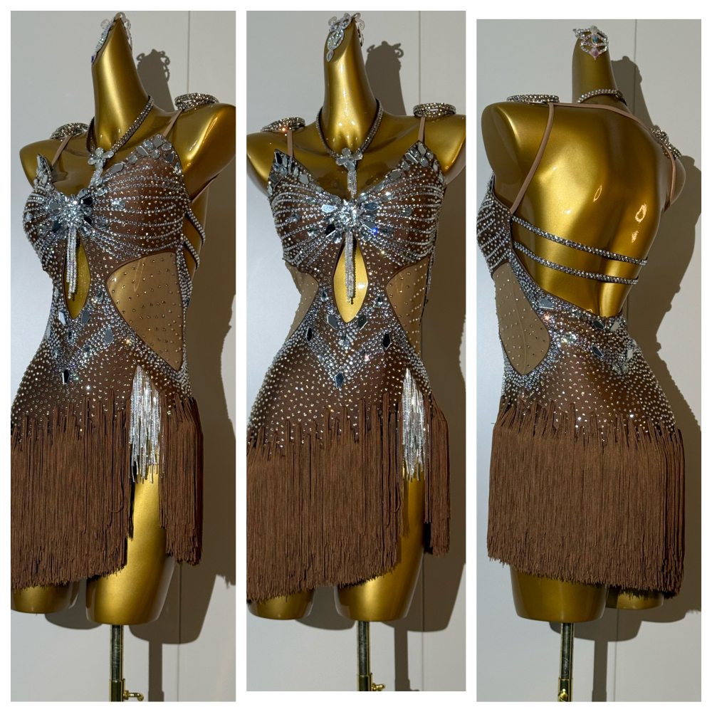 Custom Coffee Latin Dance Competition Dress Rhinestone Rhythm Slsa Chacha Gown