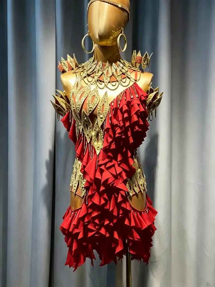 Custom Black & Gold Latin Dance Dress - Rhinestone Rhythm Competition Gown