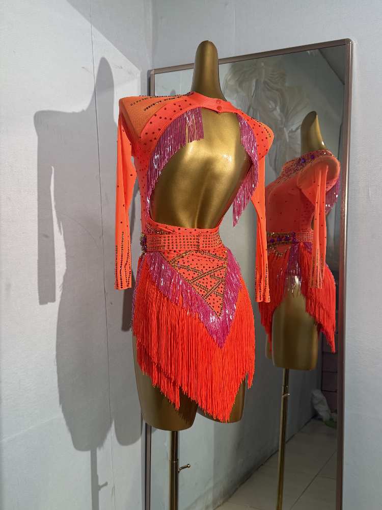 Custom Size Orange Fringe Competition Latin Dance Dresses for Women Girls Salsa Rumba Chacha Professional Dance Costumes - Moderndancedress.com