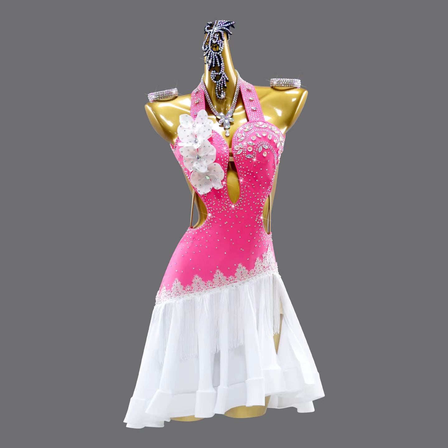 Custom Size Women's Fuchsia Latin Dance Dress Flowers Halter Neck Crystal Salsa Chacha Dance Costumes