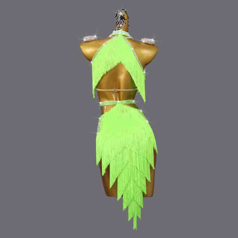 Fluorescent Green Fringe Competition Latin Dance Dresses for Women Girls Irregular Tassels Skirts Salsa Rumba Chacha Samba Solo Flower Dance Costumes Art Test - Moderndancedress.com