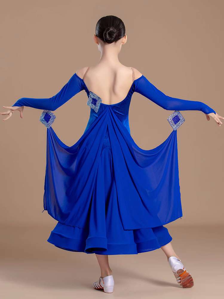 Girls Royal Blue Velvet Modern Ballroom Dance Dresses Rhinestones Waltz Tango Long-sleeved Party Dance Dress for Kids - Moderndancedress.com