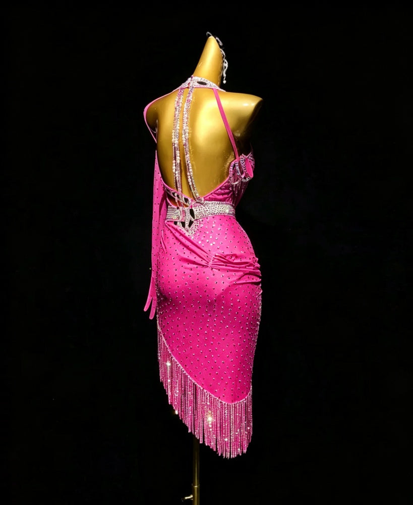 Custom Size White Fuchsia Bling Competition Latin Dance Dress Salsa Chacha Blackpool Dance Wear