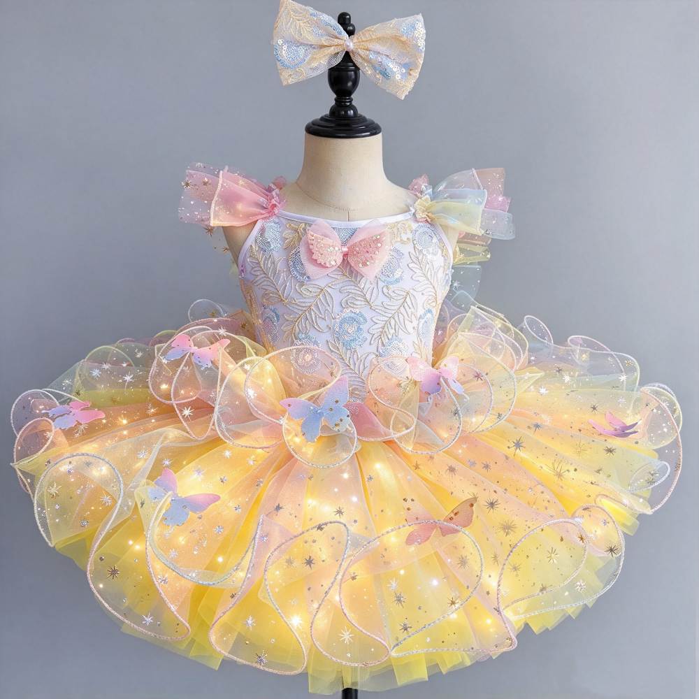 Girls LED Light-Up Rainbow Ballet Tutu Dress Pastel Jazz Party Princess Costume