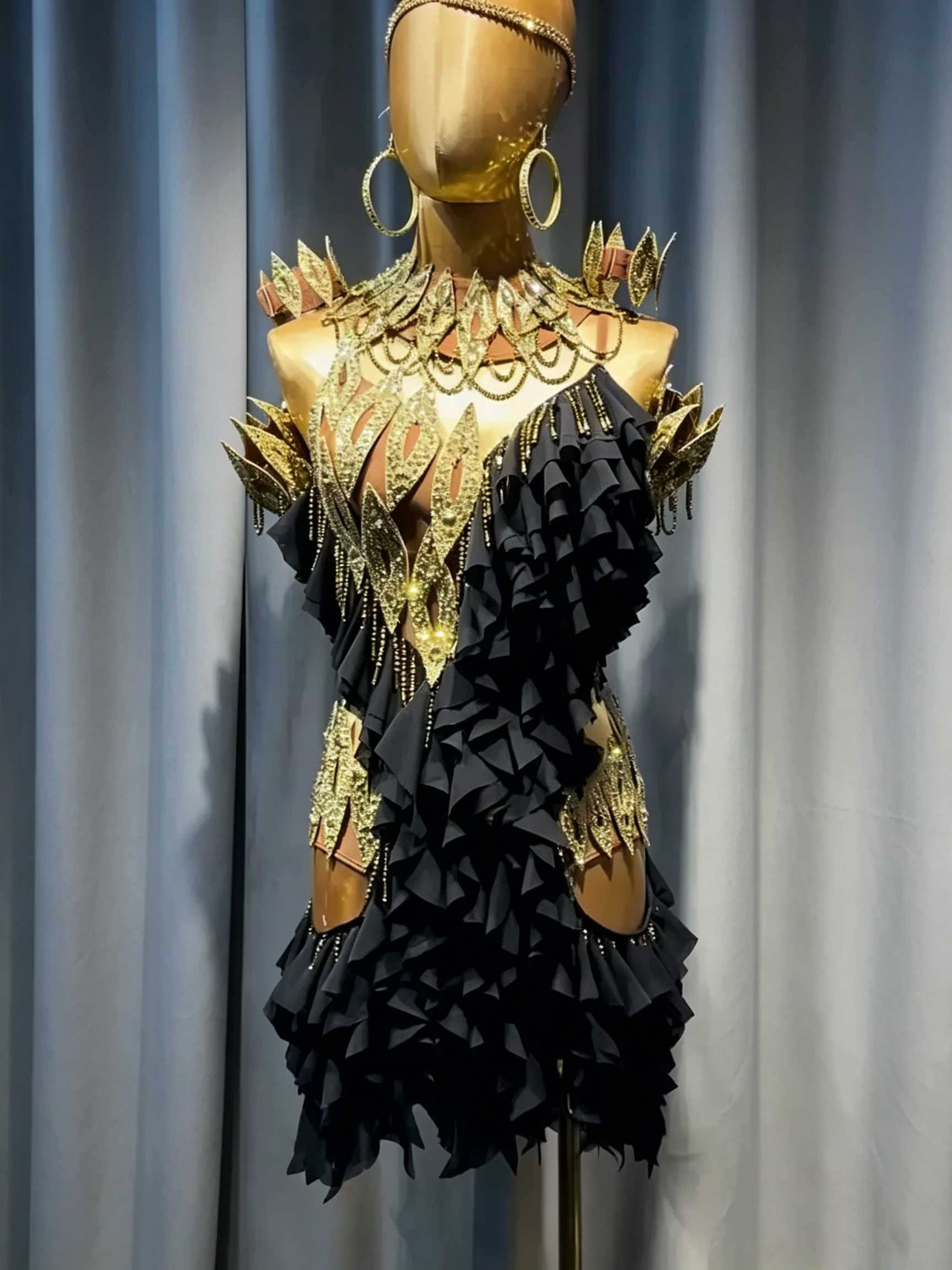 Custom Black & Gold Latin Dance Dress - Rhinestone Rhythm Competition Gown