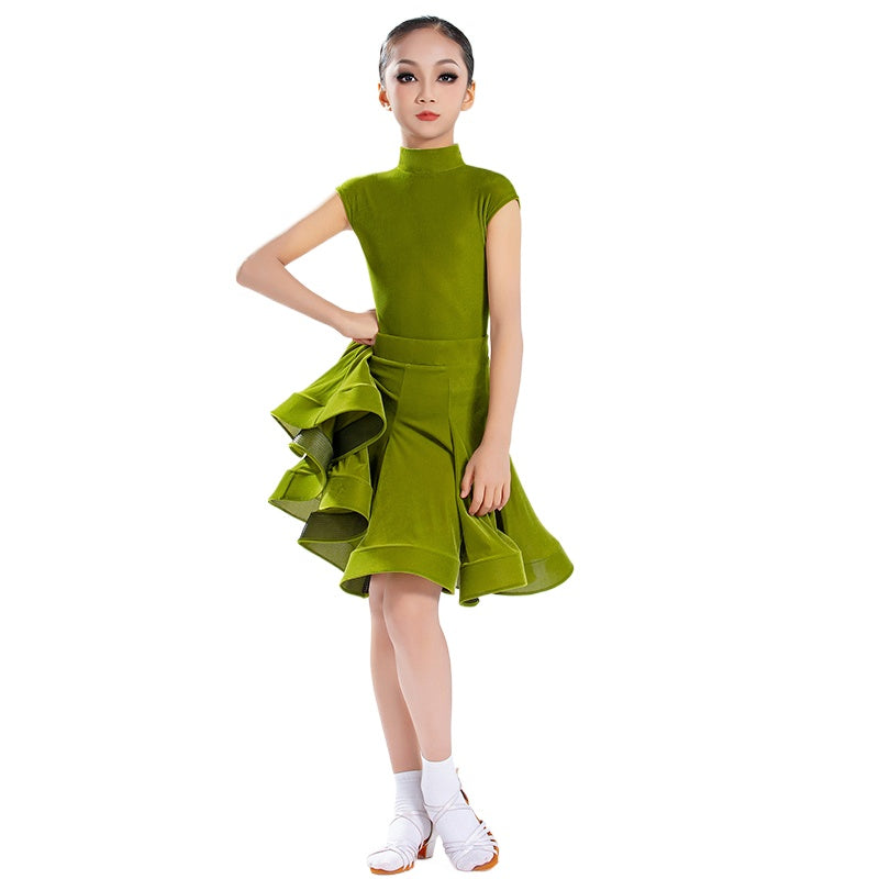 Girls Latin Dance Dresses Army Green Ballroom Latin Performance Competition Outfits for Kids
