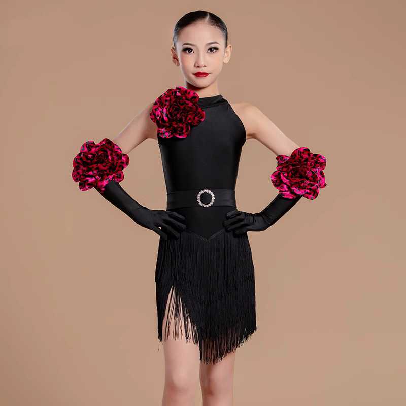 Latin Dance Costume for Girls Black with Wine Flowers Ballroom Salsa Rumba Chacha Dancing Dresses for Kids Girls Solo Dance Outfits - Moderndancedress.com