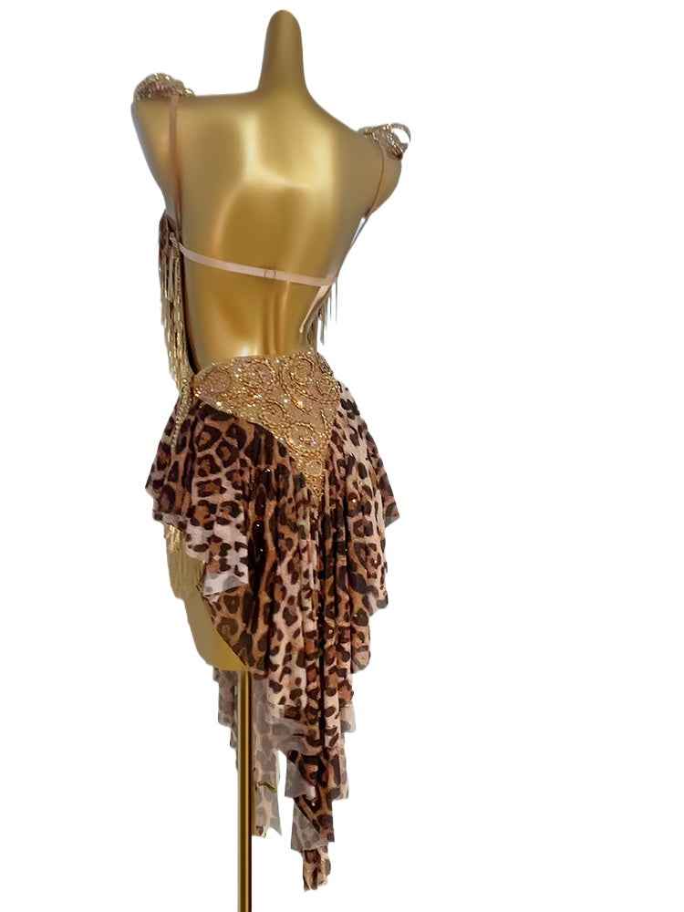 Custom Size Leopard Dark Green Competition Latin Dance Dresses Salsa Rumba Blackpool Dance Costumes