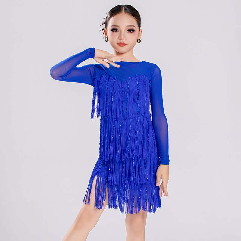 Girls Latin Dance Dresses Blue Red Black Fringe Salsa Rumba Chacha Ballroom Performance Costumes for Kids