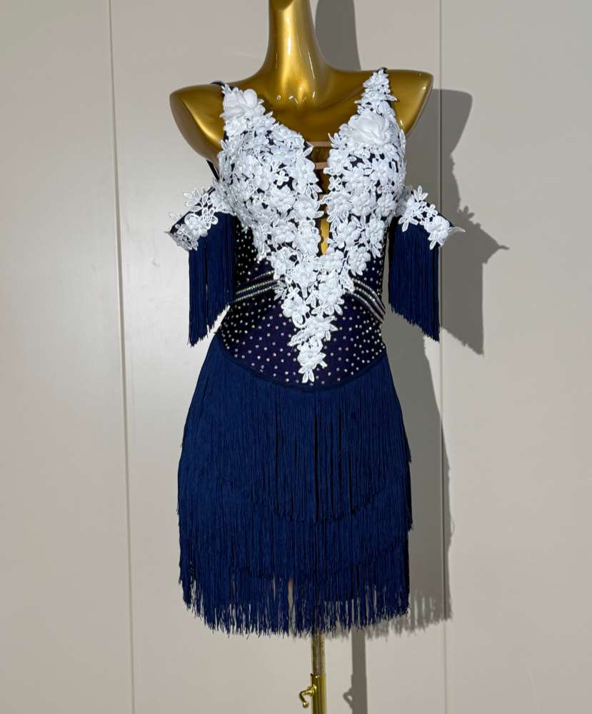 Custom Navy Blue Competition Latin Dance Dress with White Lace Floral Salsa Wear
