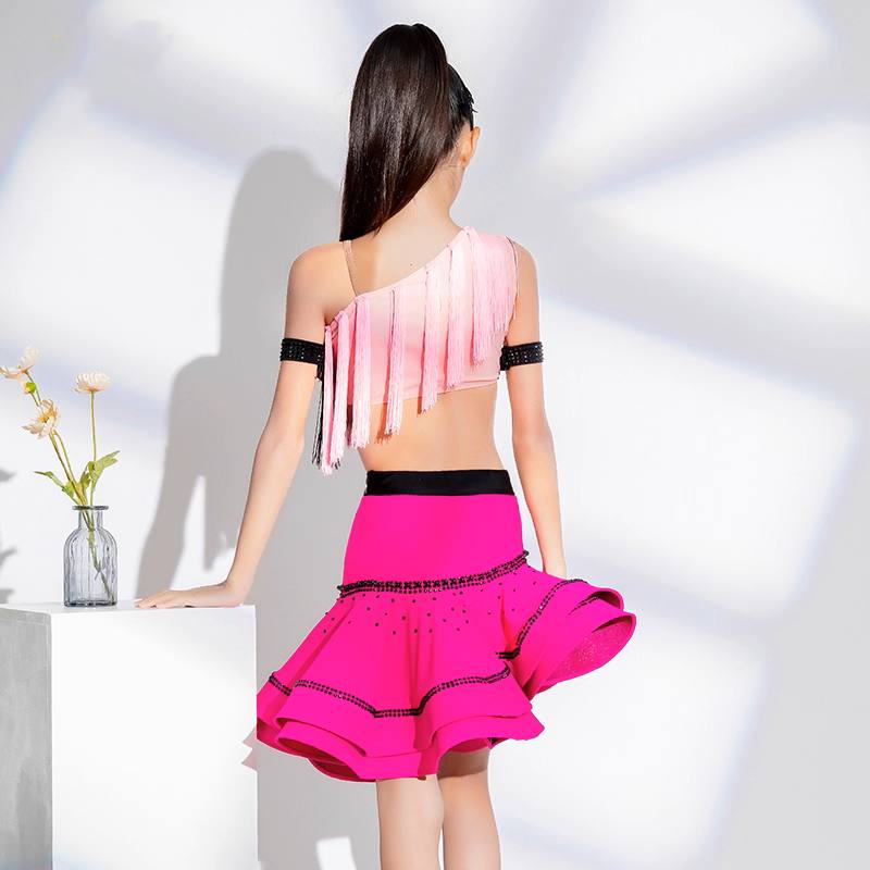 Girls Latin Dance Dress Pink Fringe Salsa Rumba Chacha Latin Stage Performance Costumes for Kids
