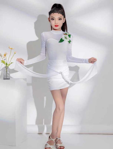 Girls White with Flowers Latin Dance Dresses Kids Salsa Rumba Chacha Latin Performance Clothes Long-sleeved Practice Clothing - Moderndancedress.com