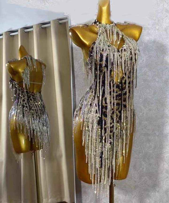Custom Size Leopard Competition Latin Dance Dresses for Women Girls Salsa Rumba Chacha Performance Costumes