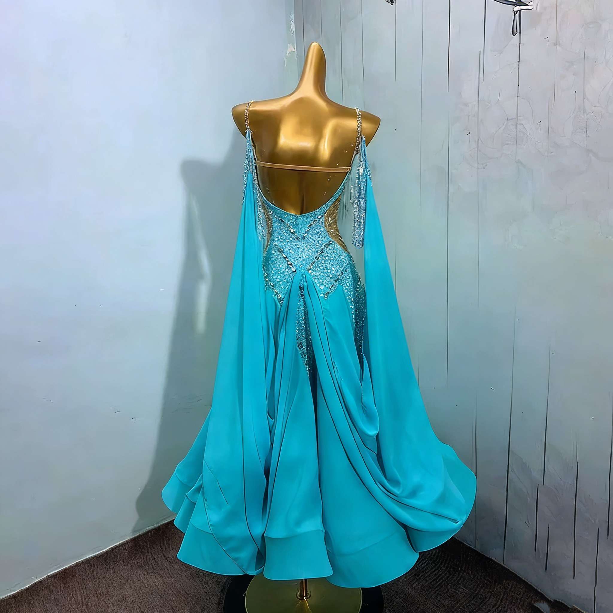 Customized Size Blue Chiffon Ballroom Dance Dresses for Women Gemstones Competition Waltz Tango Performance Costume