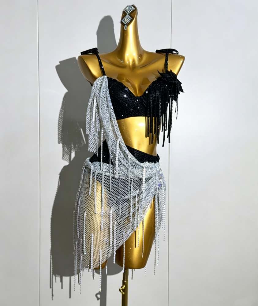 Custom Asymmetric Silver Net Competition Professional Latin  Dress - Chic Salsa Cha Cha Dancewear