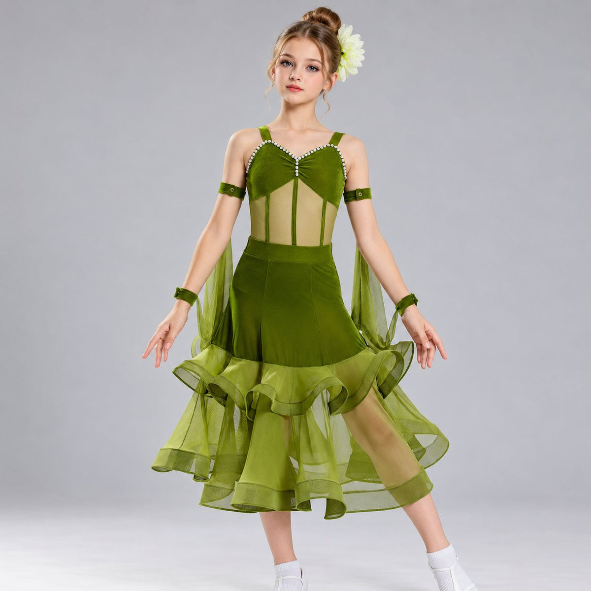 Neon Yellow Pink Ballroom Dance Dress for Girls | Kids Waltz Tango Performance Costume
