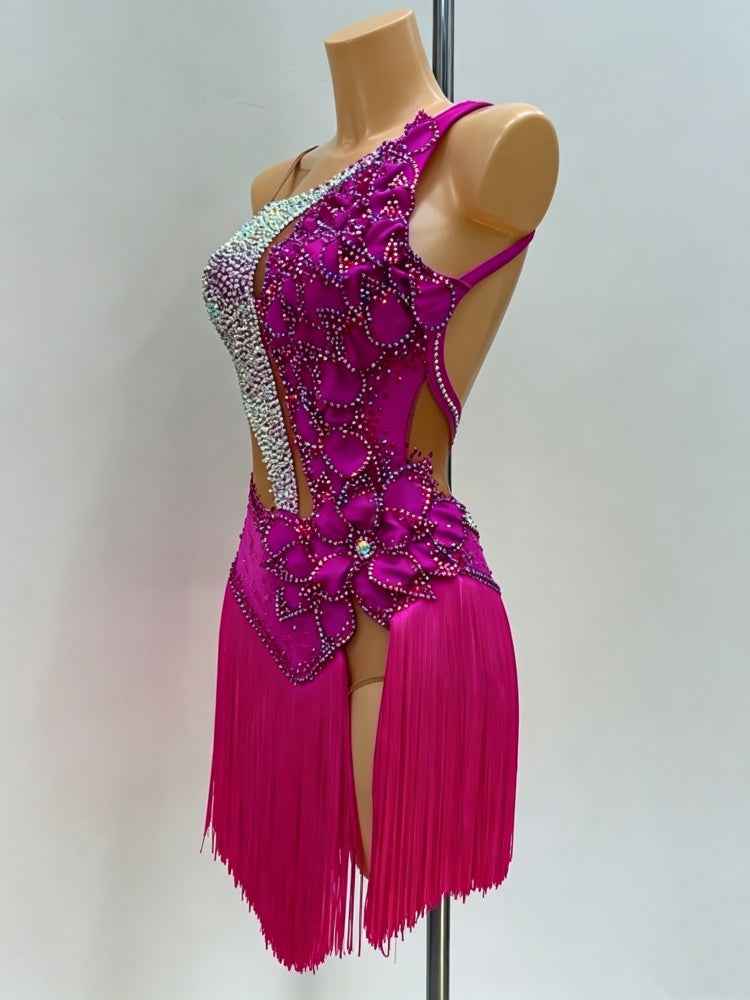 Custom Magenta Latin Competition Dress - Asymmetric 3D Floral & Crystal Fringe Gown
