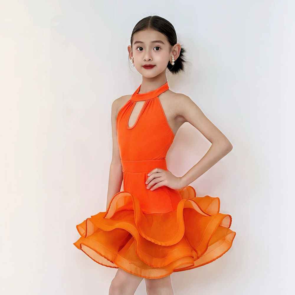 Vibrant Orange Latin Dance Dress for Girls - Stage & Competition