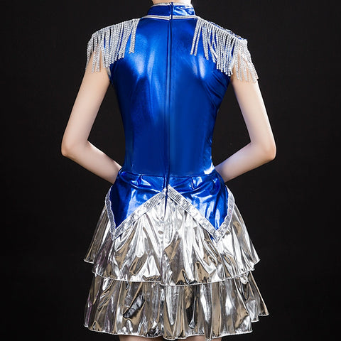 Jazz Dance Costumes Modern Dance Costume Jazz Dance Costume Blue Sequin Square Adult Female Opening Dance Short Skirt Suit - Moderndancedress.com