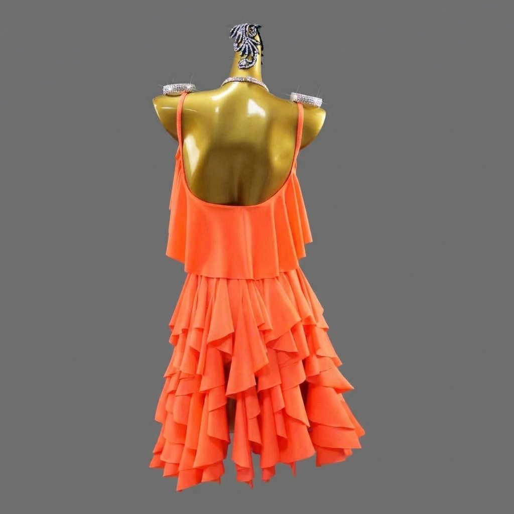 Custom Orange Latin Dance Competition Dress Tiered Ruffle Fringe Salsa Gown