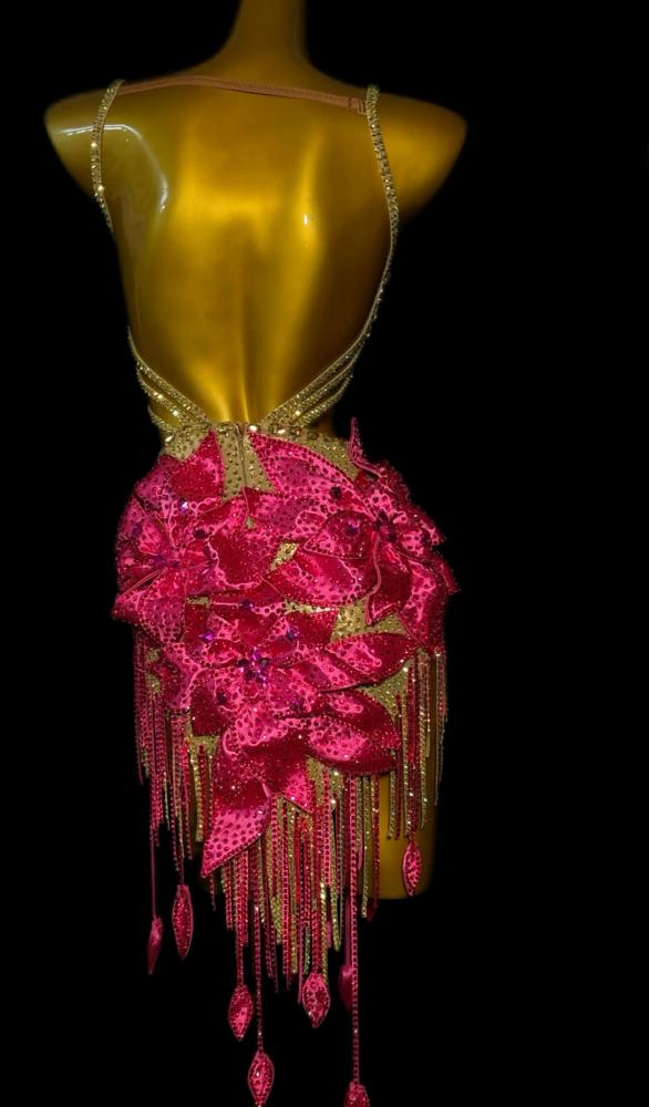 Custom Fuchsia Gold Crystal Petals Latin Dance Dress Competition Costume