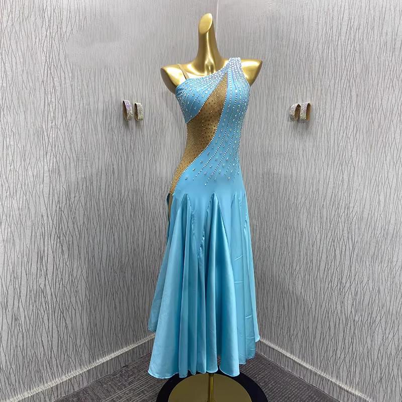 Custom Size American Smooth Dance Dresses for Women Girls Blue Ballroom Dance Waltz Tango Dance Long Gown