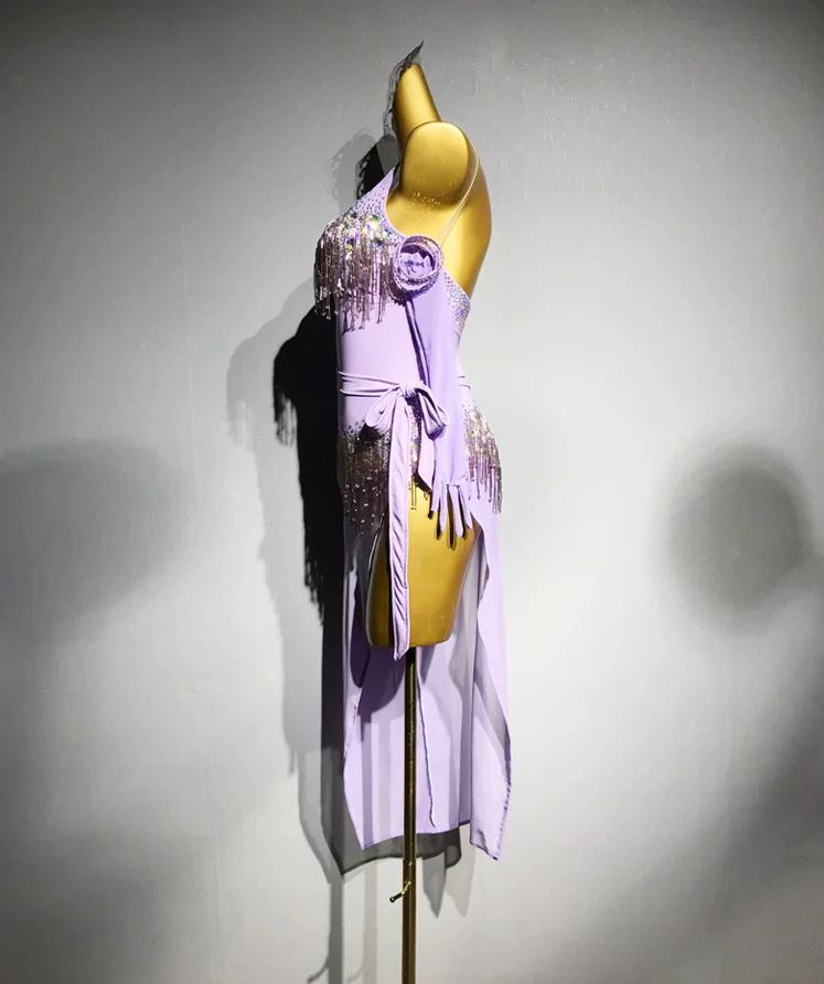 Custom Lavender Fringe Long Latin Dress with Crystals Salsa Chacha Ballroom Costume