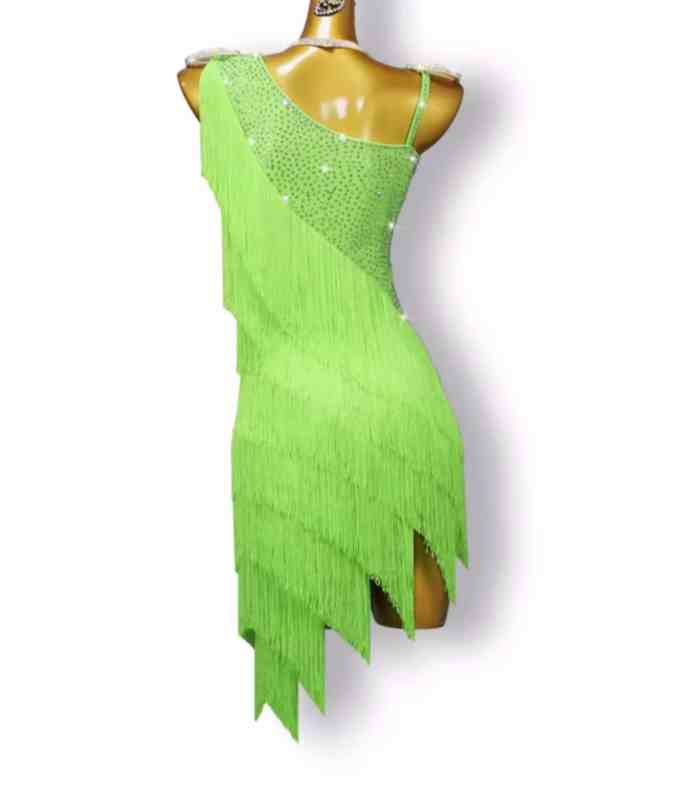 Women Girls One Shoulder Slant Neck Latin Dance Fringed Dresses for Women Girls Neon Green Salsa Latin Chacha Rumba Tassels Contest Dance Costumes - Moderndancedress.com