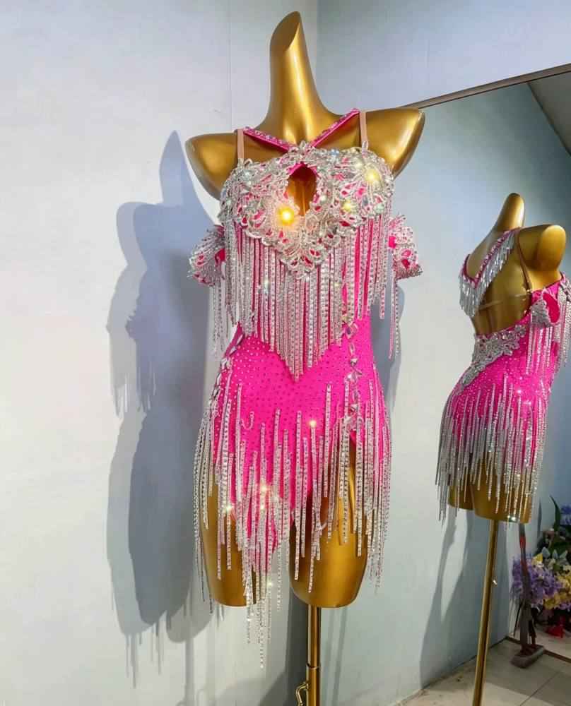 Custom Size Fuchsia Blue Sparkling Competition Latin Dance Dress Salsa Chacha Blackpool Dance Wear