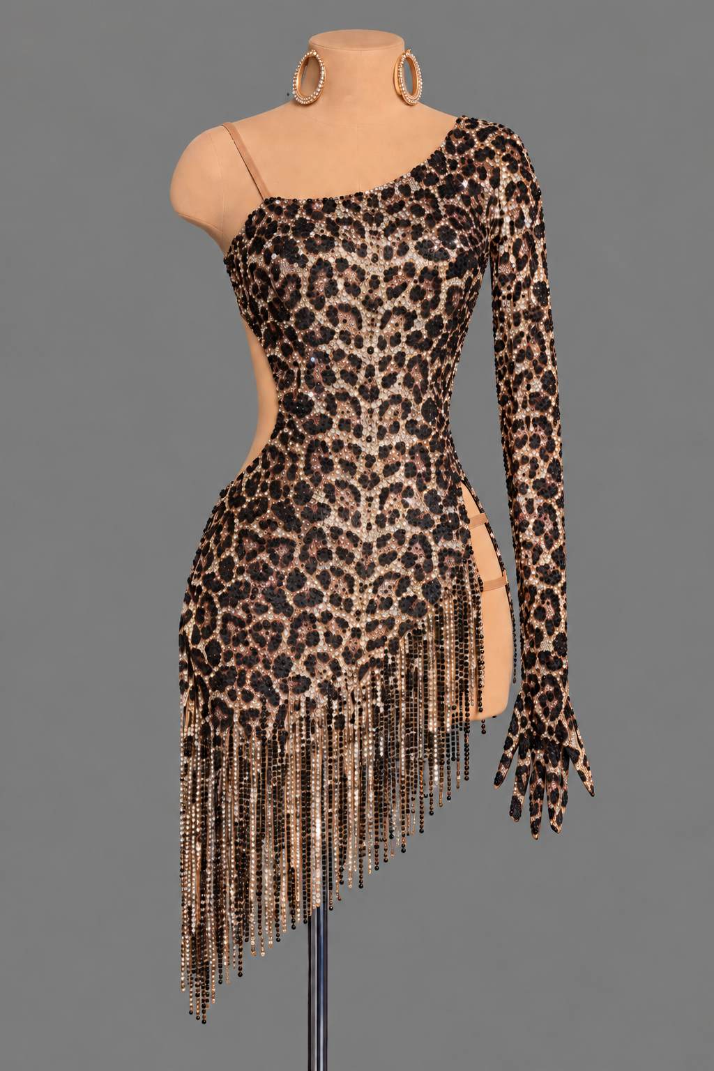 Custom Leopard Latin Dance Dress with Beaded Fringe & Crystals