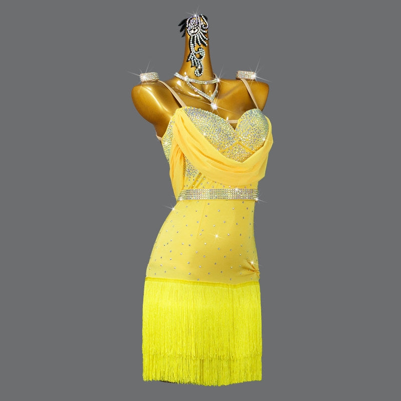 Yellow Rhinestone Latin Dance Dress Crystal Fringe Ballroom Competition Outfit