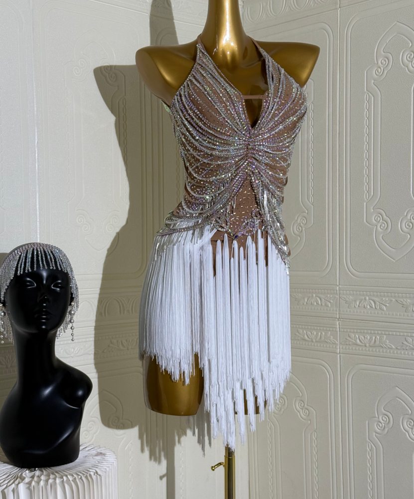 Custom Size Flesh with White Fringe Latin Dance Dress Salsa Chacha Blackpool Dance Wear