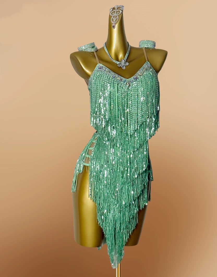 Custom Blue & Purple Sequin Latin Dance Dress Rhinestone Salsa Gown