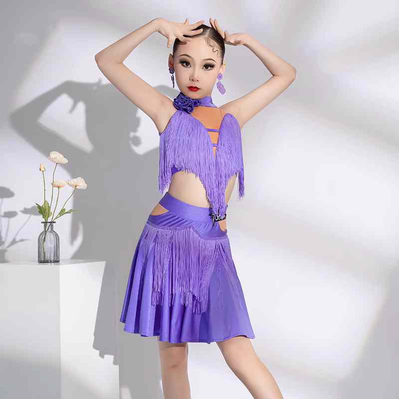 Green Purple Orange Tassels Latin Dance Performance Dresses for Girls Kids Studio Salsa Latin Chacha Ballroom Performance Outfits for Children - Moderndancedress.com