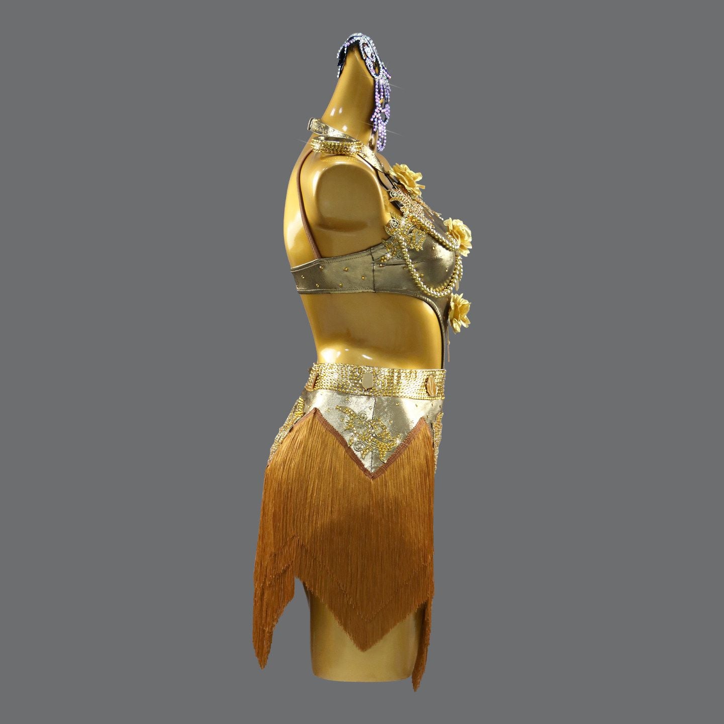 Custom Size Gold Latin Dance Dress Flower Suit Competition Performance Suit Bronzing Tassel