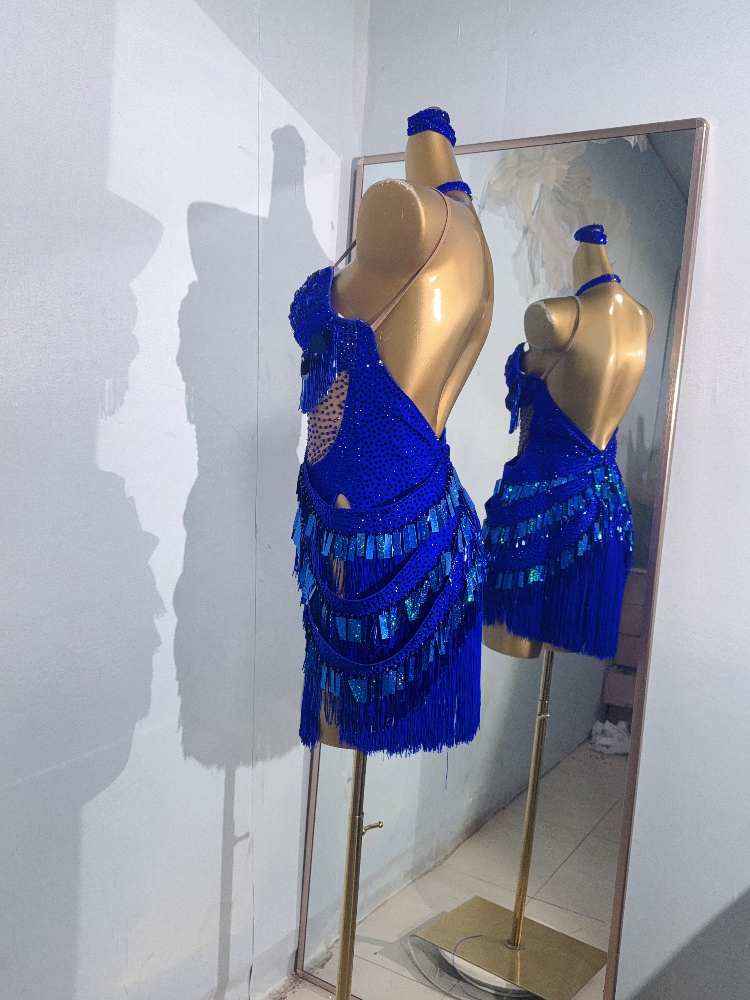 Custom Size Royal Blue Fringe Bling Competition Latin Dance Dresses for Women Girls Salsa Rumba Chacha Latin Dance Costumes