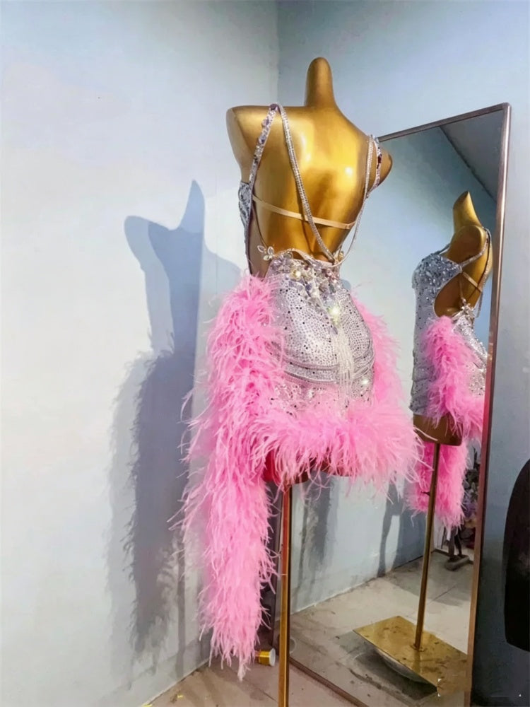 Custom Competition Feather Latin Dance Dress Royal Blue Red Fuchsia Pink Blackpool Salsa Samba Dance Clothes