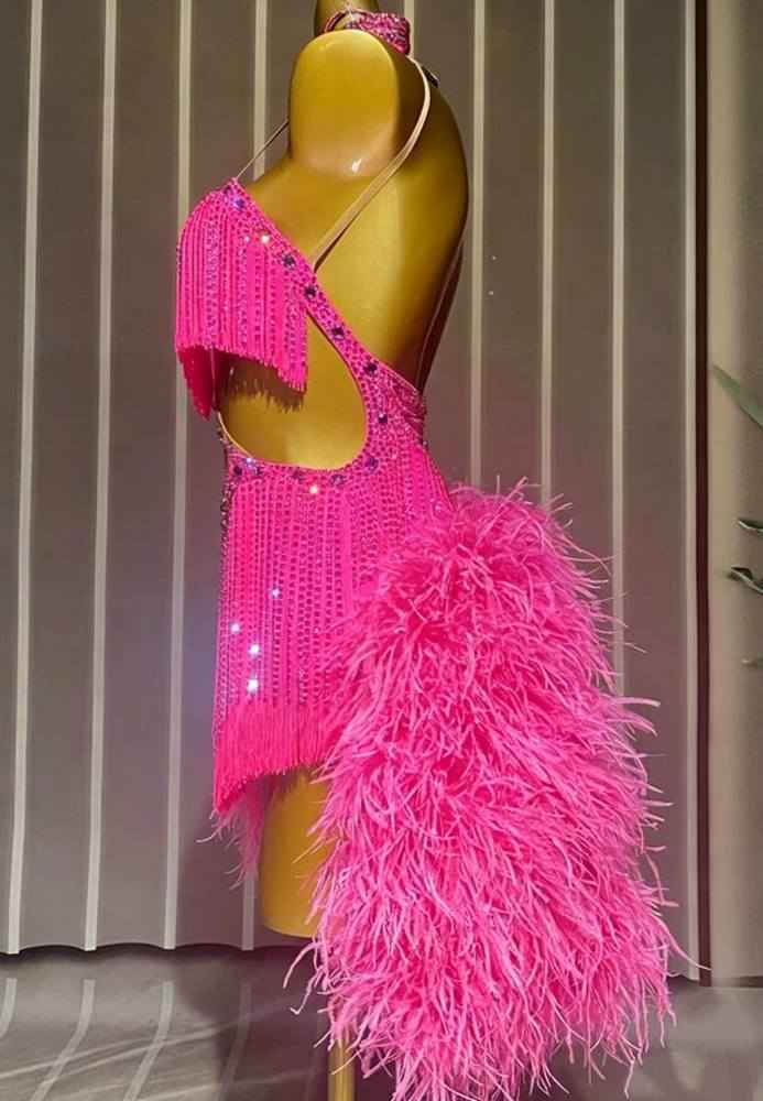 Custom Size Fuchsia Bling Fringe Competition Latin Dance Dress Blackpool Ostrich Hair Dance Wear