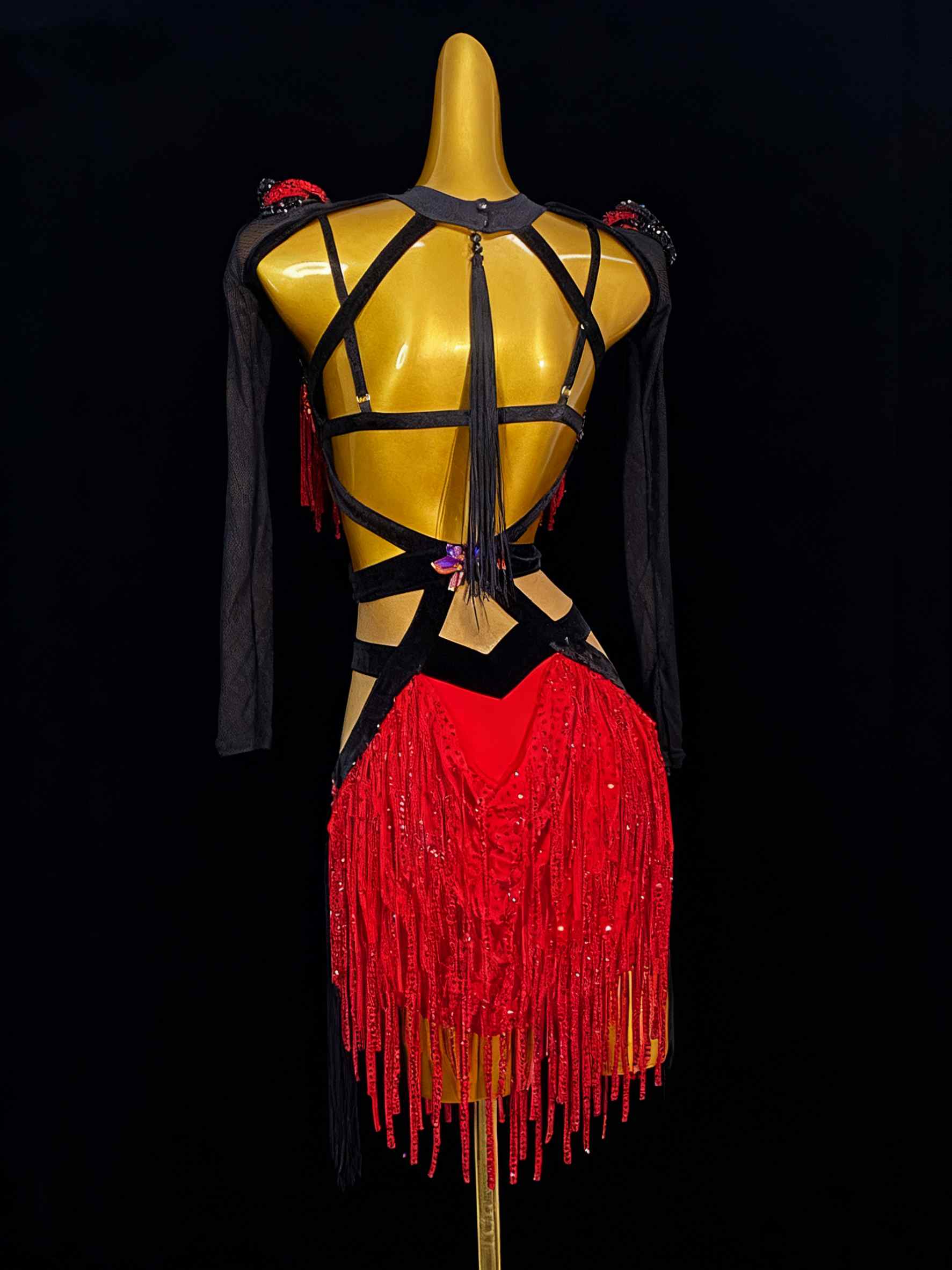 Custom Size Competition Women's Latin Dance Dresses Black Red Patchwork Bling Fringe