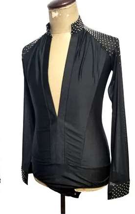 Custom Navy Blue Men's Latin Dance Shirt - Rhinestone Ballroom Leotard