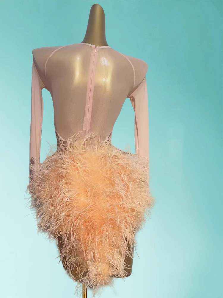 Custom Size Green Latin Dance Dresses for Women Girls Competition Ostrich Feather Latin Salsa Rumba Chacha Dance Clothes