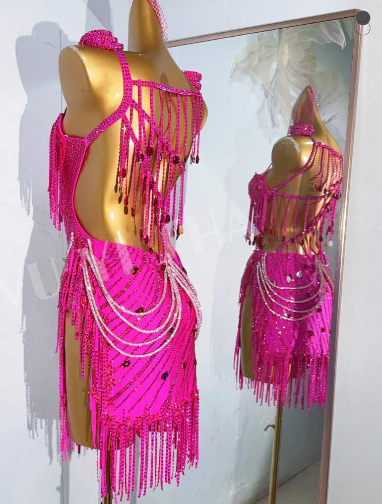 Custom Size Competition Bling Latin Dance Dresses for Women Girls Pink Salsa Rumba Chacha Blackpool Dance Costumes