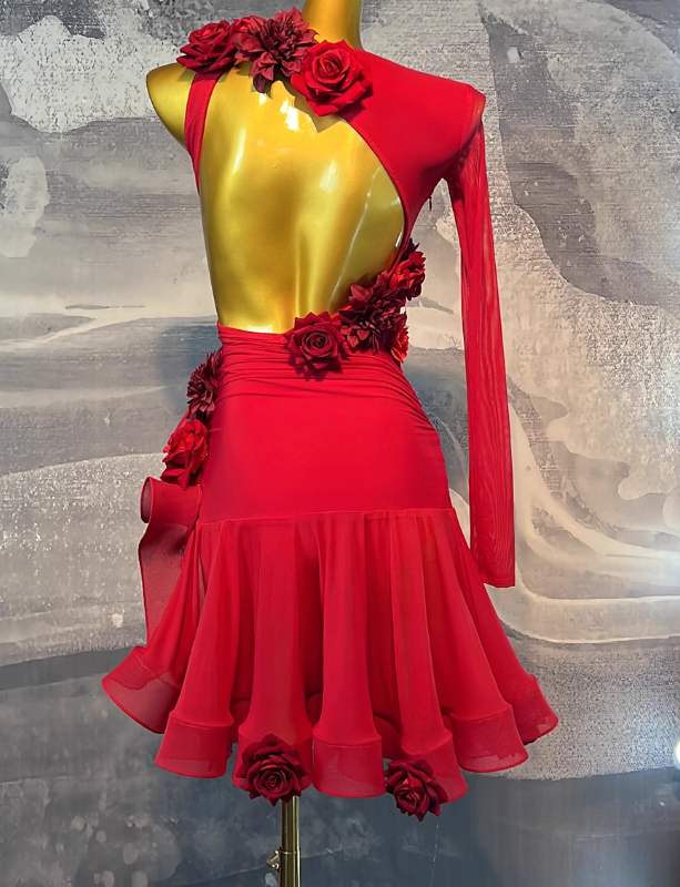 Custom Size Red Latin Dance Dresses for Women Girls Slant Neck One Shoulder Flowers Salsa Rumba  Art Test Competition Costumes