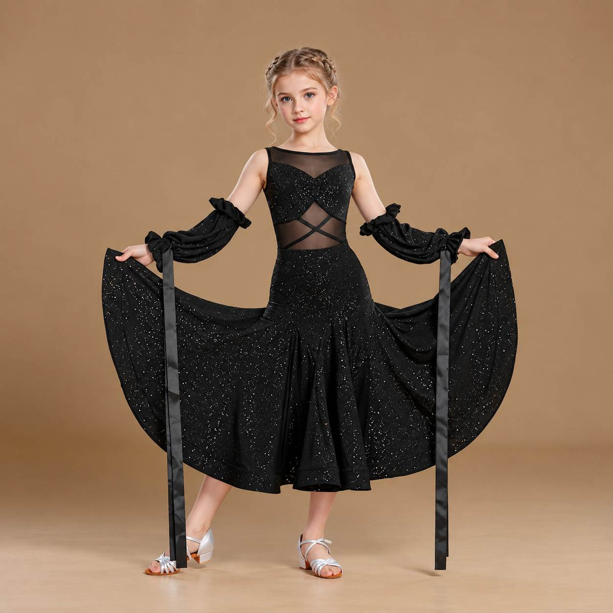Girls Sparkly Black Ballroom Dance Dress - Mesh Cutout Costume