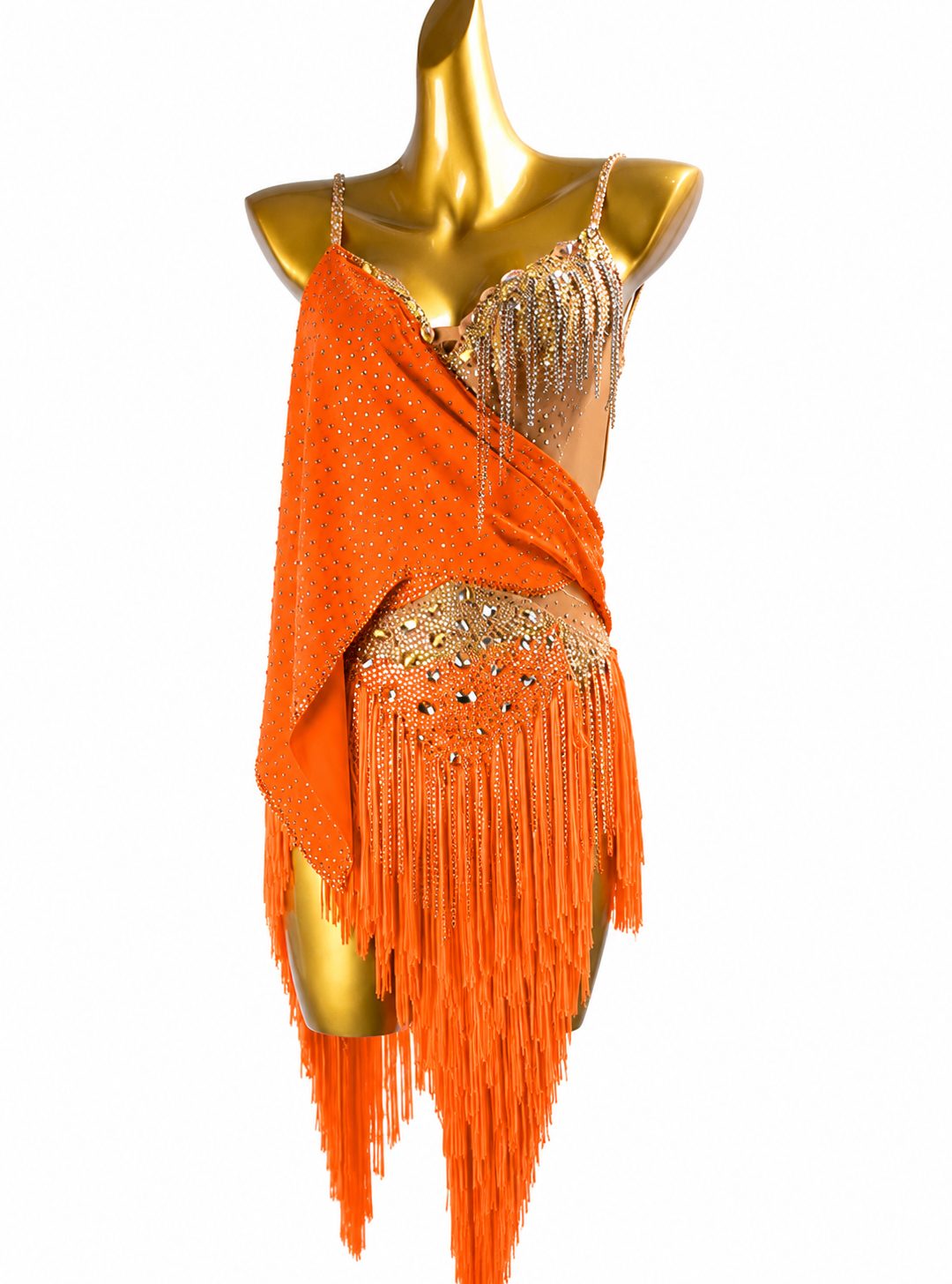 Custom Turquoise Rhinestone Latin Dance Dress with Fringe & Drape