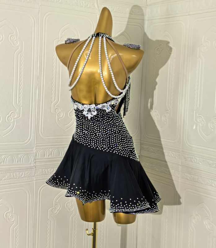 Custom Size Black Diamond Latin Dance Dresses Salsa Halter Neck Rumba Chacha Solo Latin Performance Costumes