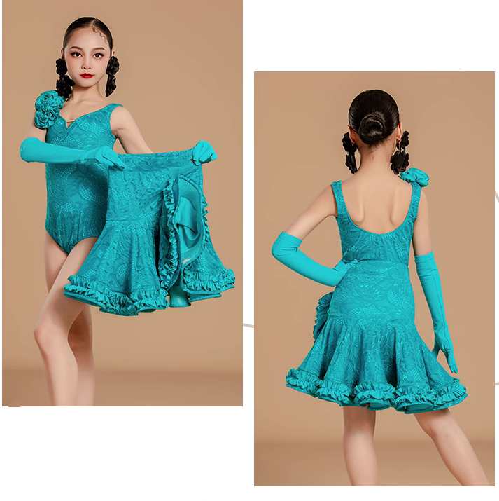Turquoise Lace Girls Latin Dance Dresses Slant Neck Salsa Rumba Cha Cha Cha Salsa Performance Outfits for Kids with Gloves